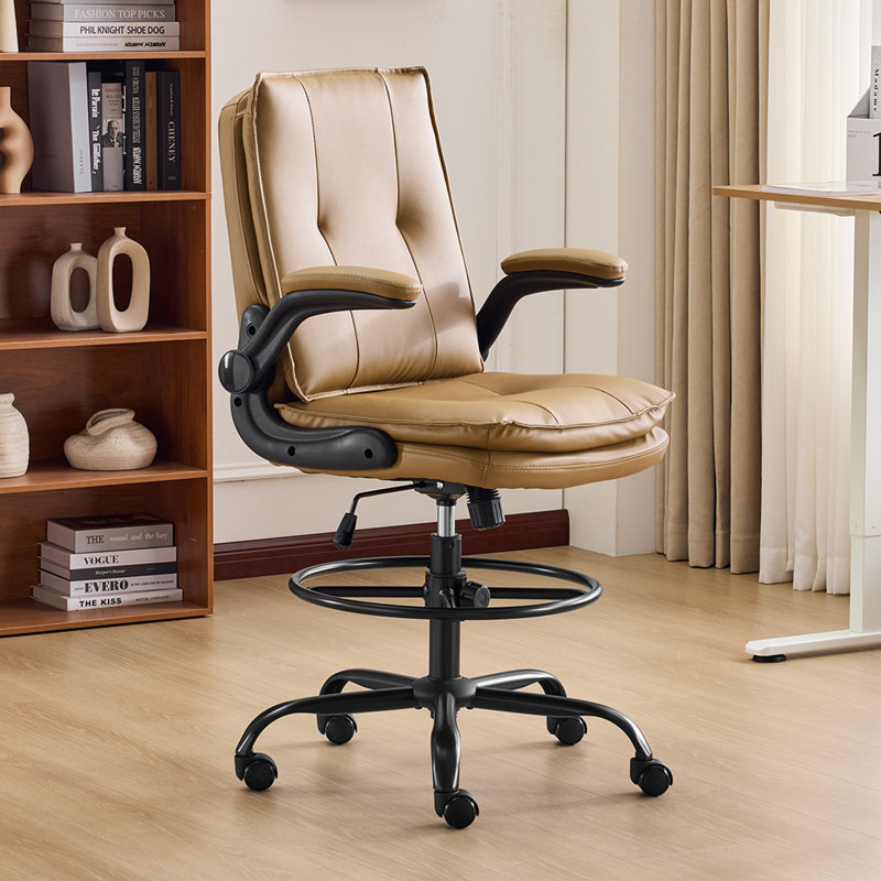 Ebern Designs Ergonomic Faux Leather Drafting Chair with Adjustable Footrest , Khaki
