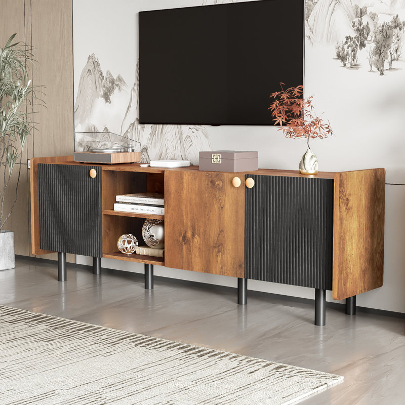 Meuble télé Mid-Century avec 3 armoires, console multimédia pour téléviseur de 70 po ou moins, Brun / Noir