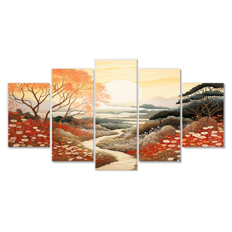 Coucher de soleil automne campagne d'automne 5 pièces, H 32 po x l 60 po