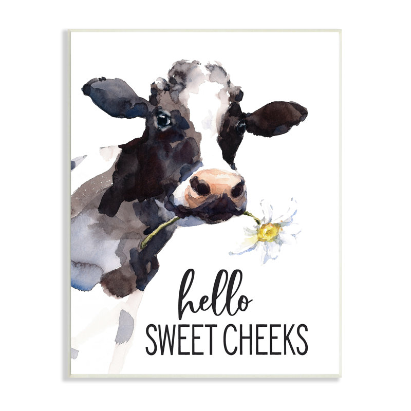 «Hello Sweet Cheek», vache de campagne tenant une fleur, art mural par lettres et lignes, H 15 po x l 10 po x P 0,5 po