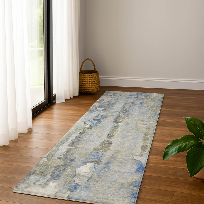 Premium Machine Washable Mayfield AMF2120 Abstract Rug, Sky, 2'3" x 7'6" Runner