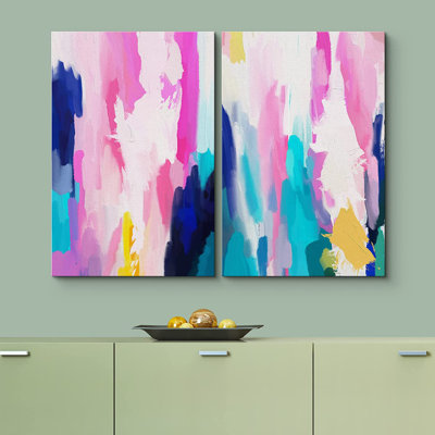 "Colorful Brushstrokes Bright Pink Blue Artwork", 2 pièces, reproduction d'art