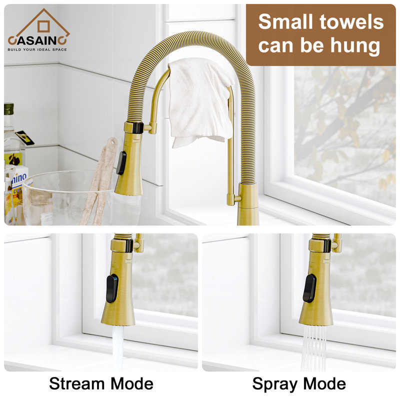 Spring Neck Standard Kitchen Faucet with Dual-Function spray head and Deck Plate, Brushed Gold