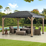 Sunjoy 11 x 13 ft. Hardtop Gazebo Outdoor Black Steel Frame Gazebo with Skylight for Patio, Garden and Backyard Activities