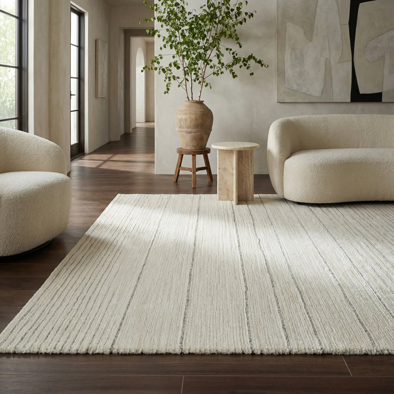 Rug Branch Sama 4' x 6' (3'11" x 5'7") Beige/Cream Striped Indoor Area Rug, Modern, Medium Pile, Stain-Resistant Carpet - Living Room, Bedroom, Dining Room, and Kitchen