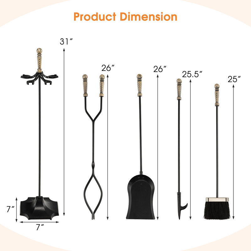 Heavy Duty Black Iron 5-Piece Fireplace Tool Set with Brass Handles