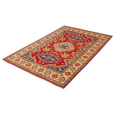Tapis rouge en laine noué à la main de conception unique 6 pi 6 po x 9 pi 11 po New Age