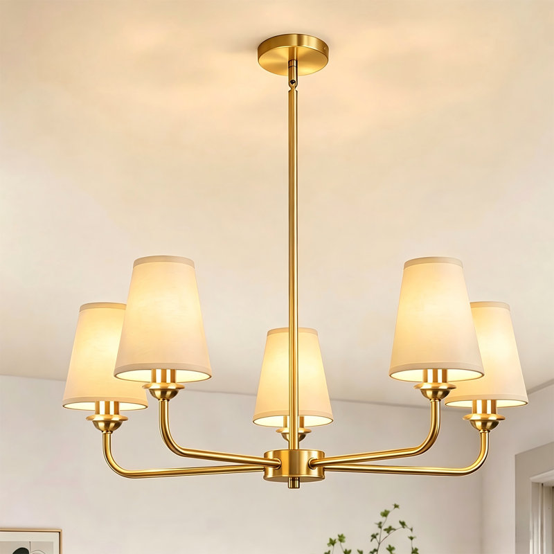 Lustre doré 5 lumières avec abat-jour en tissu blanc - Luminaire suspendu réglable pour la salle à manger, la chambre à coucher et le salon