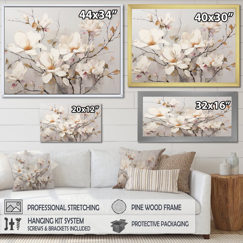 «White Elegance In Magnolias», art mural sur toile Magnolias, H 30 po x l 40 po x P 1,5 po, Cadre flottant brun