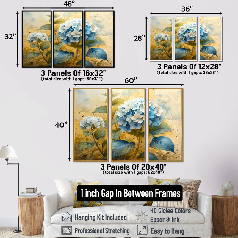 Jardin jaune, bleu, hortensia I, ensemble d'art mural hortensia, H 28 po x l 36 po x P 1 po, Toile avec cadre flottant noir