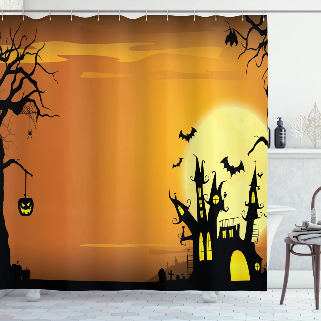 Halloween Decor Haunted House in Yellow Shower Curtain + Hooks Ambesonne 