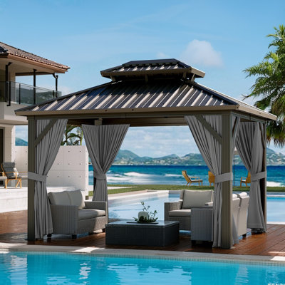 Outdoor Hardtop Gazebo, Galvanized Iron Double Vent Roof with Curtains & Netting, Aluminum Frame Pavilion for Patio, Lawn, Deck, Garden