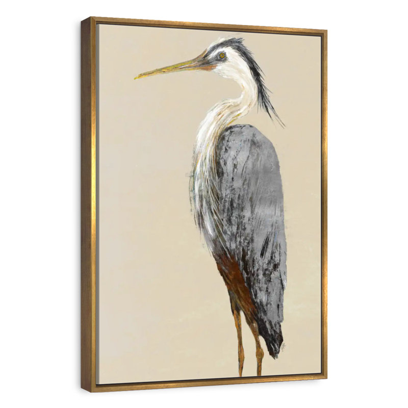 Héron sur fond brun clair II, 17 po x 25 po, Cadre flottant doré