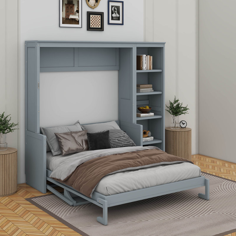 Lit escamotable double avec bureau et bibliothèque, Gris, Lit double