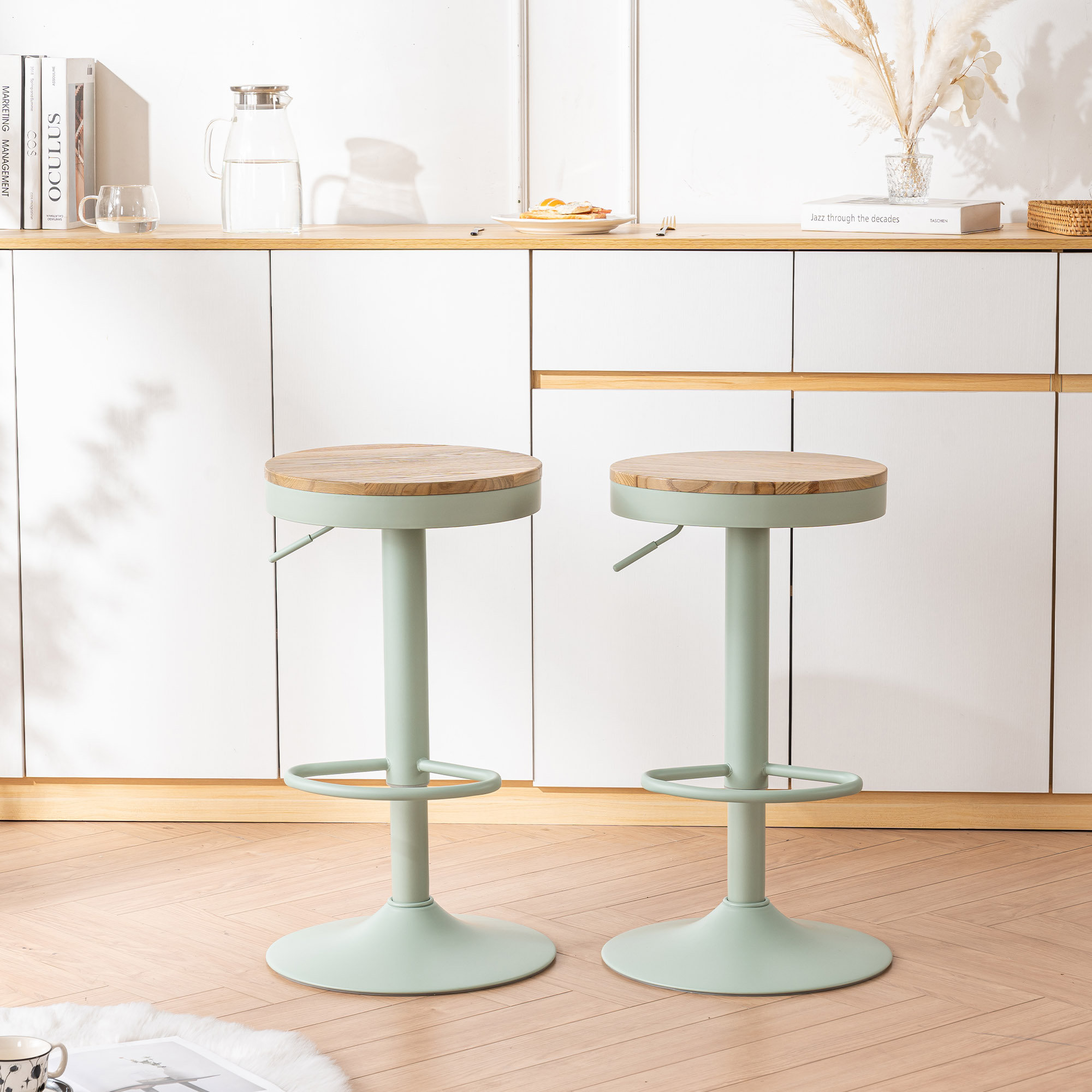Jaina Swivel Solid Wood Adjustable Height Bar Stools, Counter Stools for Kitchen Island, 2, Brown/Mint Green