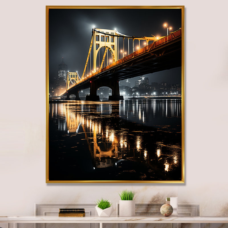 Pittsburgh, magnifique paysage urbain de nuit - art mural de Pittsburgh, H 20 po x l 12 po x P 1 po, Cadre flottant doré