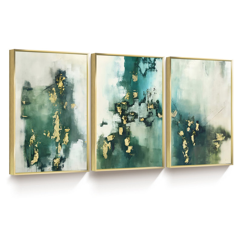 Abstrait - Peinture sur toile 3 pièces, H 16 po x l 36 po x P 1,5 po, Or