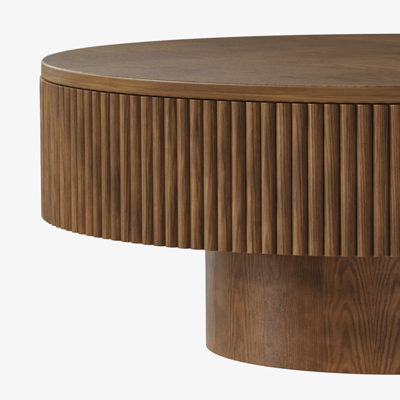 Table basse à piédestal Fynlee, conception cannelée en bois massif fabriquée à la main, H 13,78 po x l 35,04 po x P 35,04 po