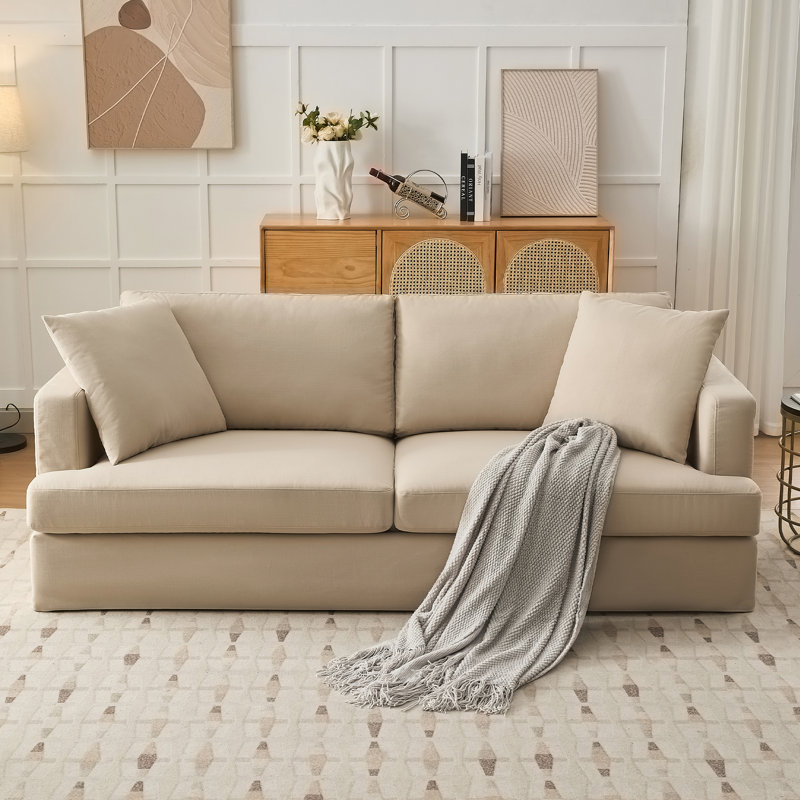 Gilba 84.6'' Wide Arm Upholstered Cloud Couch White Slipcovered Sofa, Beige Linen