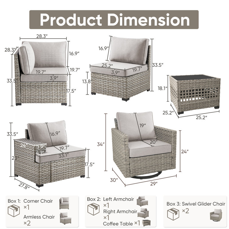 Ensemble de conversation modulaire en rotin et osier avec chaises berçantes pivotantes et table basse Clolt Arnoltice, Beige