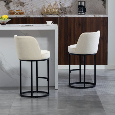 Counter Height Bar Stools Set of 2, Modern Barrel Counter Stools with Backrest, Linen Fabric Upholstered Accent Bar Stools for Kitchen Island