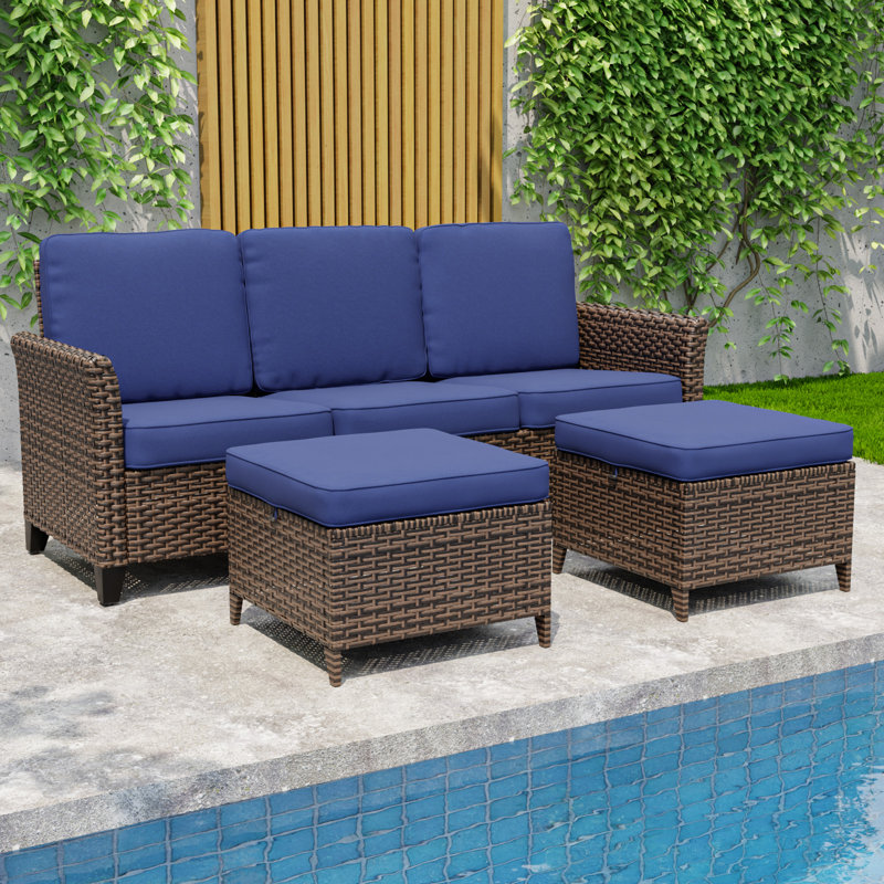 3-Piece Mix Brown Rattan Wicker Patio Outdoor Spacious Sofa Seating Group with Ottomans, Cushion, Blue