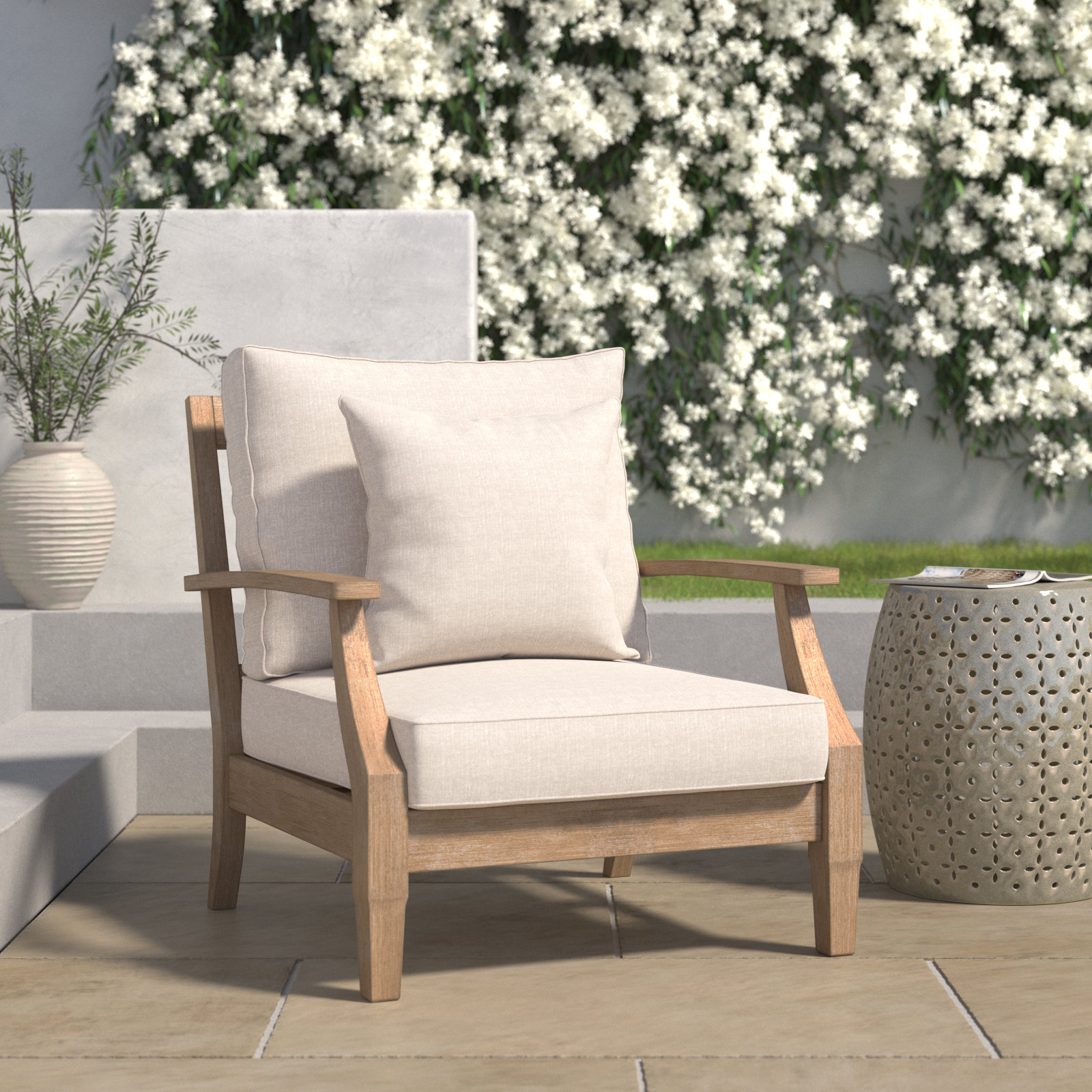 Samya Eucalyptus Patio Lounge Chair, Beige, Natural