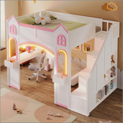 Wood Castle Loft Bed with Storage Staircase, Desk, Windows, Shelves and LED Light
