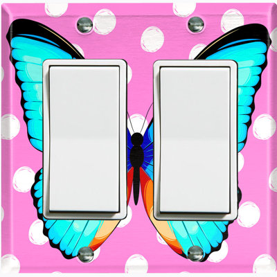 Metal Light Switch Plate Outlet Cover (Blue Butterfly Pink Polka Dots - Single Toggle)