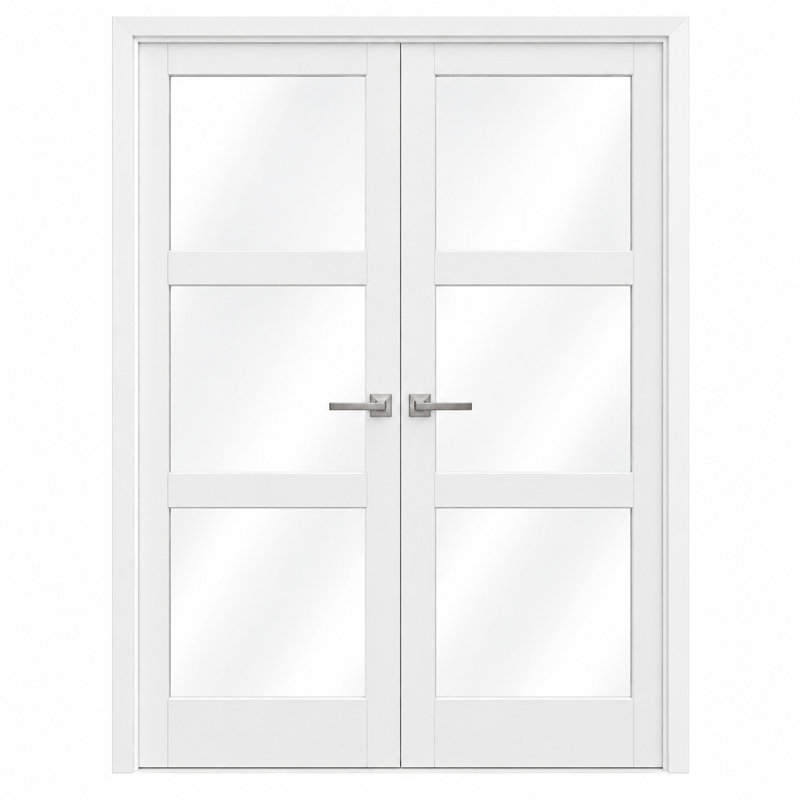 Portes doubles françaises robustes, vitrage clair, 3 battants, Lucia 2555, blanc soie, cadre en bois massif, finitions soignées, idéales pour une chambre ou un dressing. Dimensions : 122 x 203 cm (2 x 61 x 203 cm).