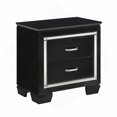 Black Finish 1pc Nightstand 2x Dovetail Drawers Faux Alligator Embossed Fronts Bedroom Furniture