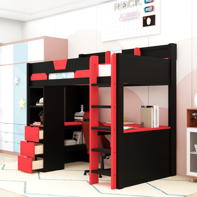 Lit mezzanine en bois avec bureau intégré, lumières DEL RVB, ports de chargement USB et tiroirs de rangement