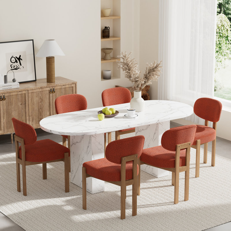 Ensemble de table de cuisine ovale à double piédestal, 7 Pieces: Table, 6 Chairs, Orange