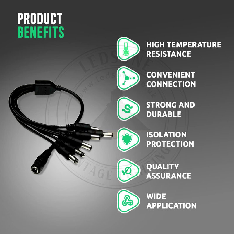 2 way DC 5.5x2.1mm Splitter Cable, 1 Female to 2 Male Power Adapter for LED Strips, CCTV Cameras and 12V Power Supply