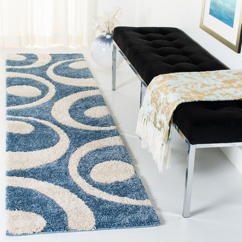 Tapis abstrait bleu Kerio, Tapis de couloir 2 pi 3 po x 8 pi