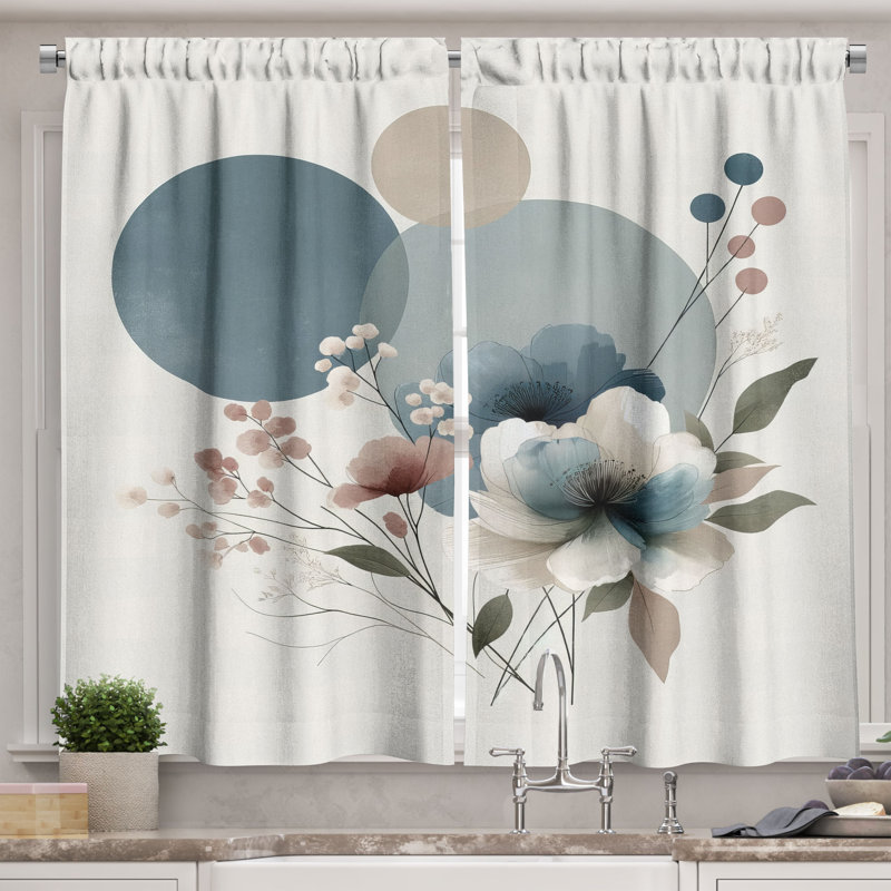 Blue Grey and Blush Floral Polyester Kitchen Curtains