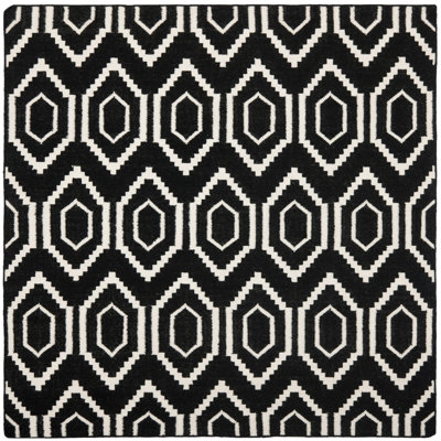 Bullock Hand Woven Flat Weave Wool/Cotton Geometric Rug in Black/Ivory