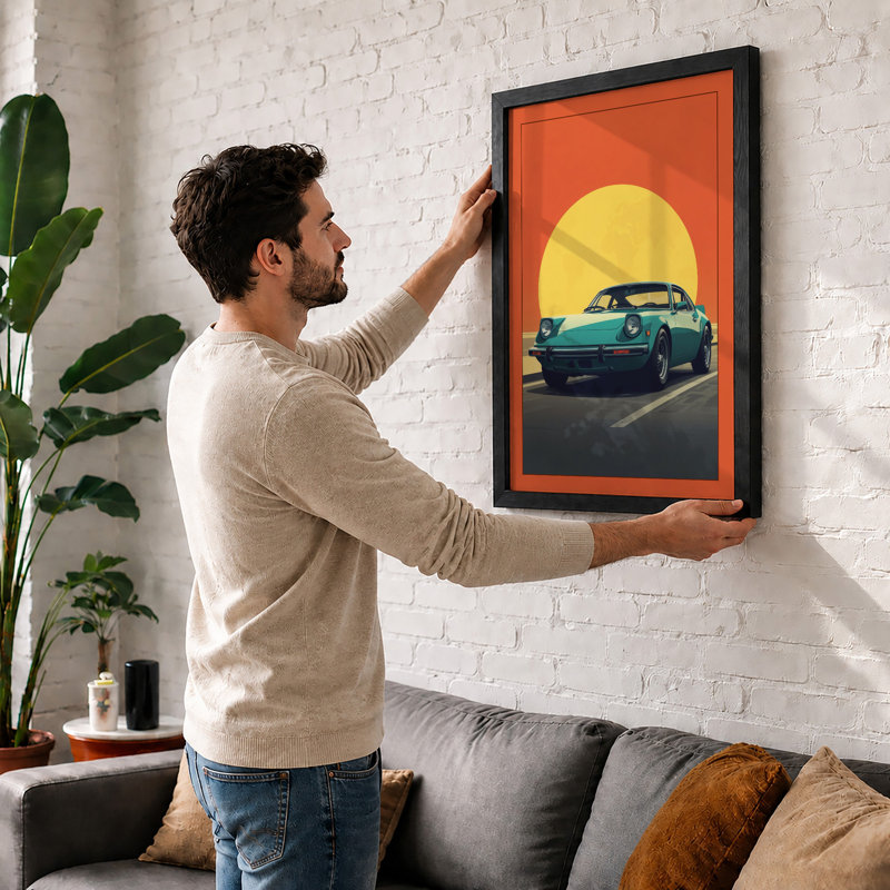 Cruising Into Sunset Retro - Framed Print, A2 - 59.4 x 42.0 cm, Walnut