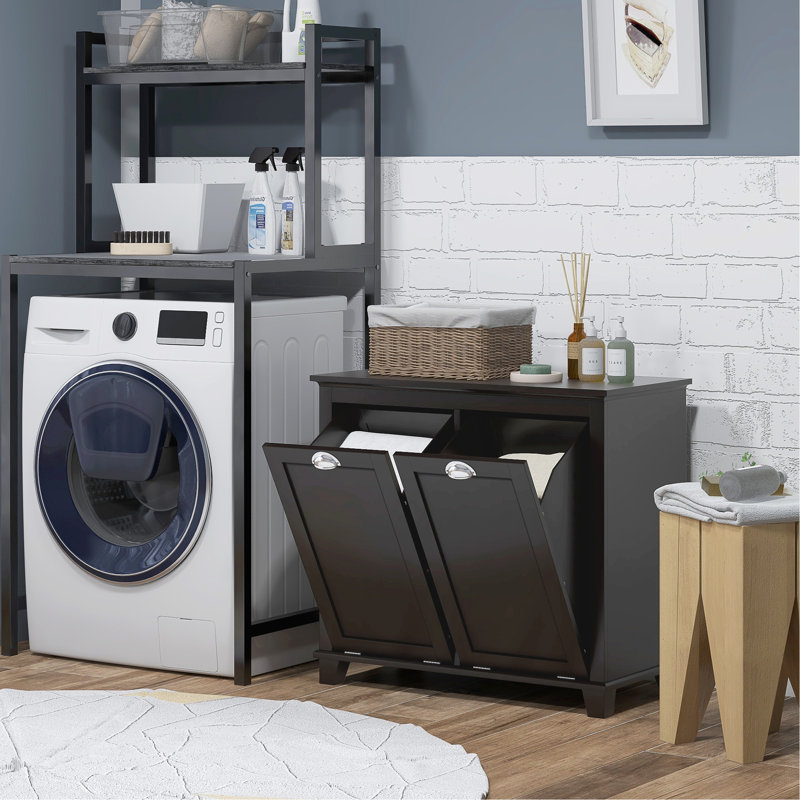 Dual Tilt Out Laundry Hamper Cabinet, Bathroom. 2 For Washroom Storage, Black Floor Cabinet. Spacious Towel Accommodation. Separate Storage & Dark Items. Made, Water-. Toppling Feature.