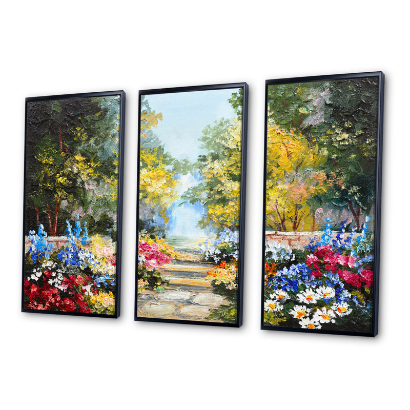 Forêt d'été avec fleurs - ensemble d'art mural sur toile encadré paysage, H 32 po x l 48 po x P 1 po, Noir