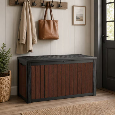 Coffre de rangement extérieur étanche PawsomePad 50 gallons en résine, pour coussins et outils de terrasse.