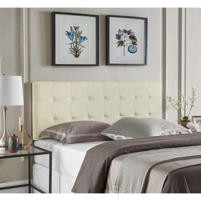 Keymond Classic Tufted Adjustable Upholstered Full Size Headboard in Linen Fabric, Metal Legs, Cream
