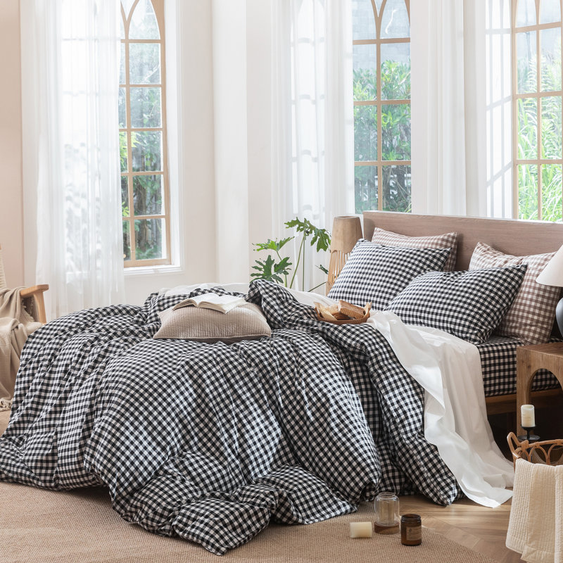 MooMee Gingham Duvet Cover Set with Zipper Closure 8 Ties 100% Washed Cotton Linen Like Breathable Lightweight, Black/White