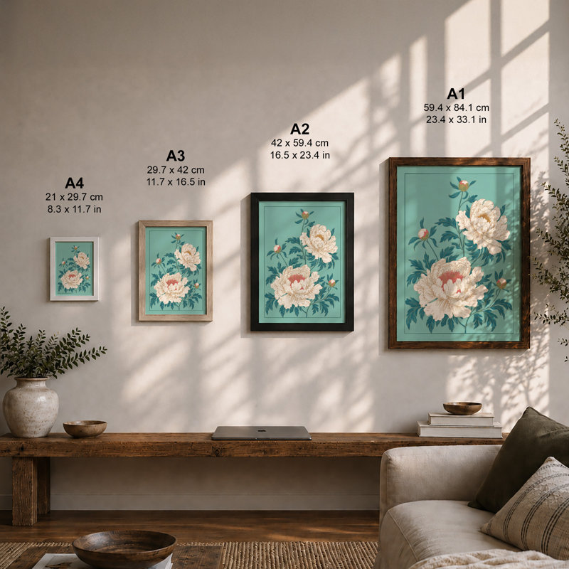 Peony Bloom Botanical - Framed Print, A3 - 42.0 x 29.7 cm, Black