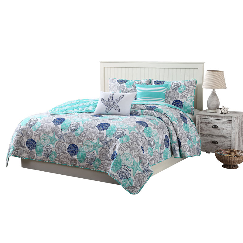 King Size Blue Microfiber Reversible Coastal Quilt Set