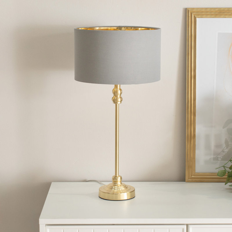 Addisyn Metal Table Lamp, Gold Base/Grey Shade, No, White