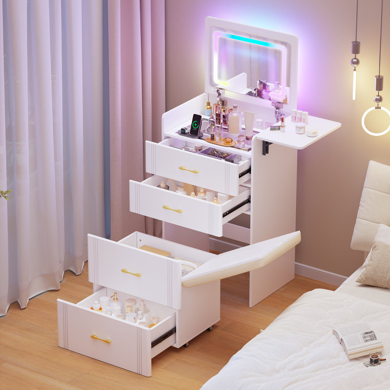 3-in-1 Dressing Table Set with Mirror & RGB Lights, Vanity Desk with Charging Station & Stool, White