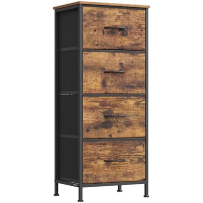 Commode pour chambre à coucher, commode, acier, panneau de fibres à densité moyenne, 4 tiroirs en tissu non tissé, unité de rangement, placard, vestibule, brun rustique et noir encre