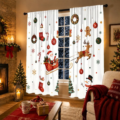 2Pcs Christmas Curtains Santa Sleigh Reindeer Snowman Pattern Window Drapes Light Filtering Rod Pocket for Living Room Bedroom Kitchen  Home