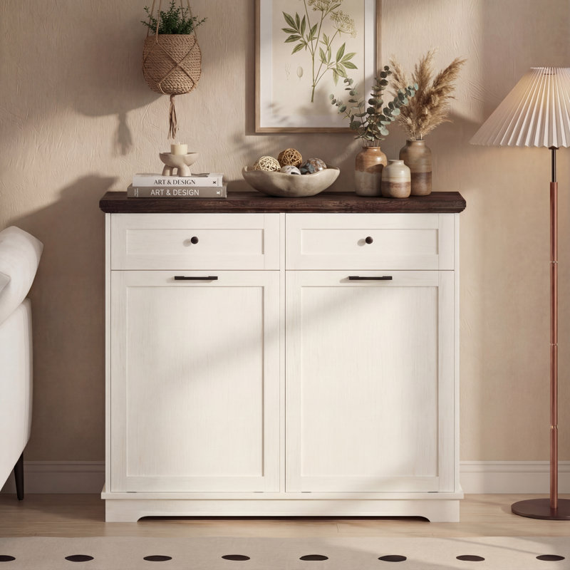 Farmhouse Double Tilt Out Trash Cabinet 20 Gallons, Freestanding Laundry Hamper Cabinet with 2 Drawers (Not include trash can)